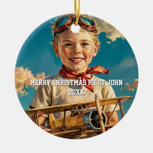 Boy Pilot Aviator & Spielzeugflugzeug Custom XMAS Keramik Ornament (Vorne)