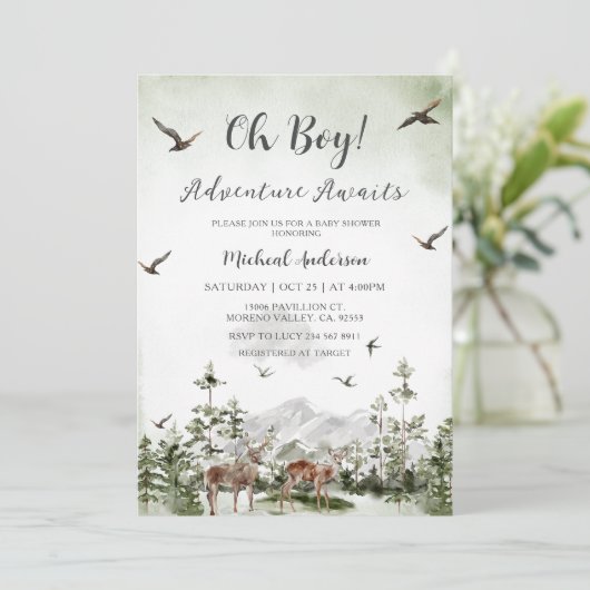 Boy Pine Tree Deer Forest Mountain Babydusche Einladung (Stehend Vorderseite)