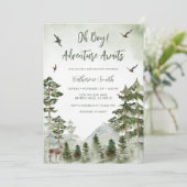 Boy Pine Tree Deer Mountain Forest Baby Shower Einladung (Stehend Vorderseite)