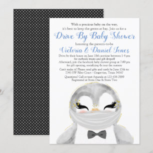 Boy Pinguin mit Maskenantrieb mit Babydusche Einladung