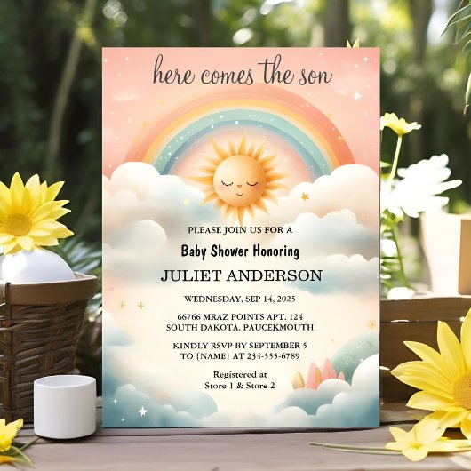 Boy Pink Unique Sky Cloud Sunshine Baby Dusche Einladung