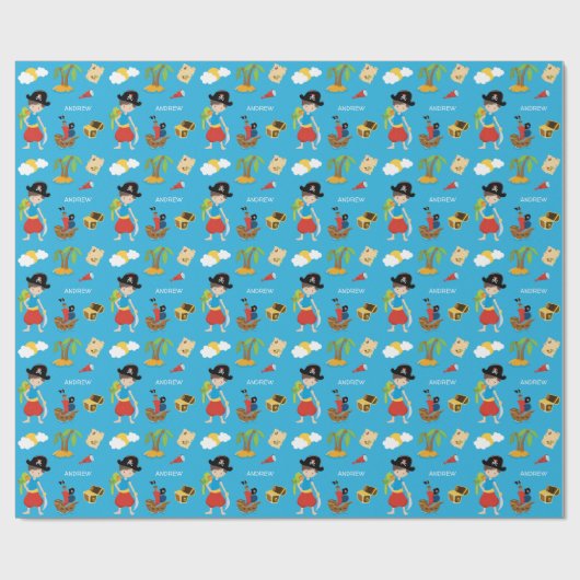 Boy Pirate mit Schatz, Papagei und Vorname Geschenkpapier (Flach)