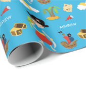 Boy Pirate mit Schatz, Papagei und Vorname Geschenkpapier (Rolleneckpunkt)