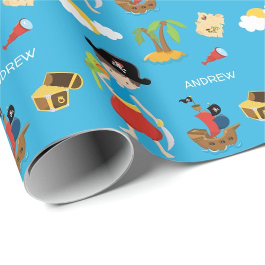 Boy Pirate mit Schatz, Papagei und Vorname Geschenkpapier (Rolleneckpunkt)