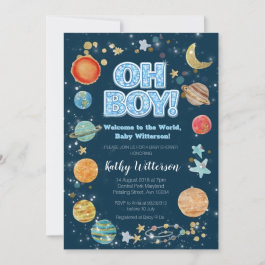 Boy Planets Outer Space Baby Shower Invitation Einladung (Vorderseite)