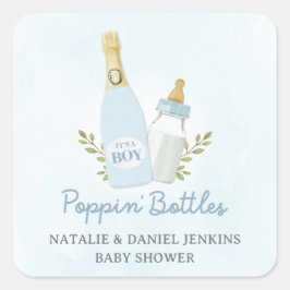 Boy Poppin Bottles Baby Shower Blue Quadratischer Aufkleber