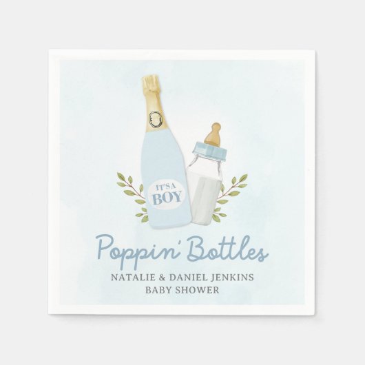 Boy Poppin Bottles Baby Shower Blue Serviette (Vorderseite)