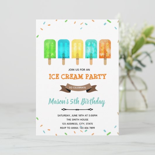 Boy Popsicle Eis Thema Einladung (Stehend Vorderseite)