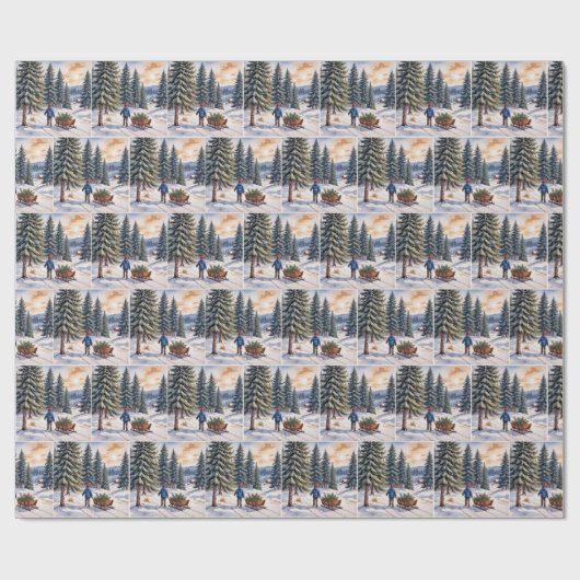 Boy Pulling a Sled With Christmas Evergreen Boughs Geschenkpapier (Flach)