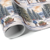 Boy Pulling a Sled With Christmas Evergreen Boughs Geschenkpapier (Rolleneckpunkt)