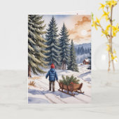 Boy Pulling a Sled With Christmas Evergreen Boughs Karte (Gelbe Blume)