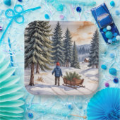 Boy Pulling a Sled With Christmas Evergreen Boughs Pappteller (Party)