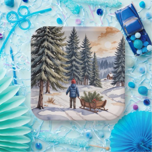 Boy Pulling a Sled With Christmas Evergreen Boughs Pappteller (Party)