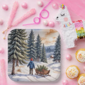 Boy Pulling a Sled With Christmas Evergreen Boughs Pappteller (Party)