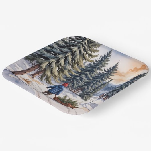 Boy Pulling a Sled With Christmas Evergreen Boughs Pappteller (Gewinkelt)