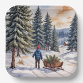 Boy Pulling a Sled With Christmas Evergreen Boughs Pappteller (Vorderseite)