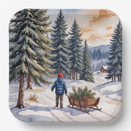 Boy Pulling a Sled With Christmas Evergreen Boughs Pappteller (Vorderseite)