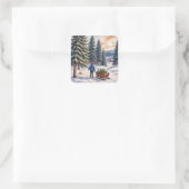 Boy Pulling a Sled With Christmas Evergreen Boughs Quadratischer Aufkleber (Tasche)