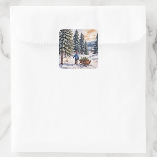 Boy Pulling a Sled With Christmas Evergreen Boughs Quadratischer Aufkleber (Tasche)