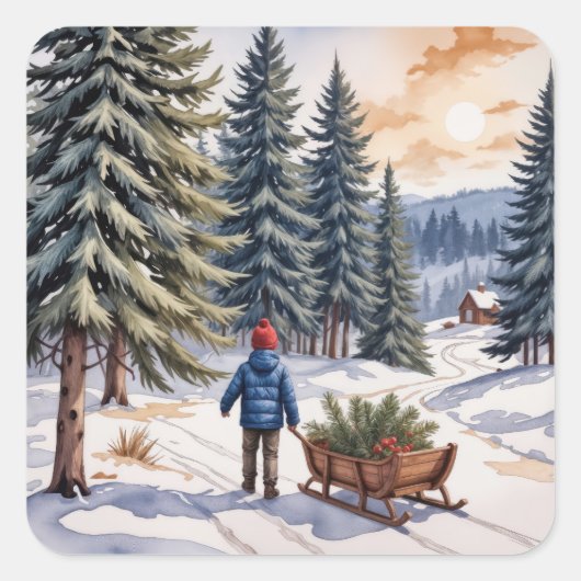 Boy Pulling a Sled With Christmas Evergreen Boughs Quadratischer Aufkleber (Vorderseite)