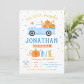 Boy Pumpkin Blue Truck 1. Geburtstag Einladung (Stehend Vorderseite)