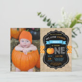 Boy Pumpkin Erstgeburt Einladung Burlap Blue (Stehend Vorderseite)