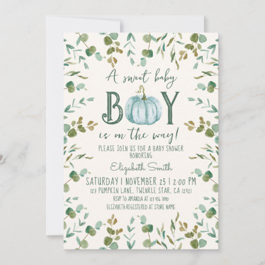 Boy Pumpkin & Eucalyptus Baby Dusche Einladung (Vorderseite)