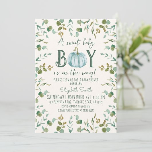 Boy Pumpkin & Eucalyptus Baby Dusche Einladung (Stehend Vorderseite)
