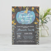 Boy Pumpkin Fall Baby Dusche Gold Glitzer Einladung (Stehend Vorderseite)