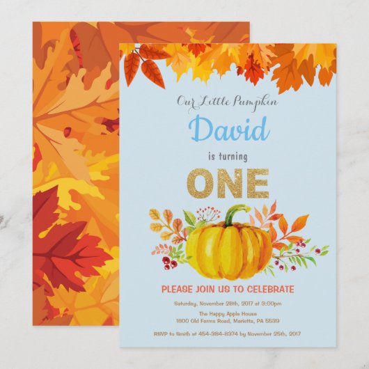 Boy Pumpkin Fall First Birthday Gold Glitzer Einladung (Vorne/Hinten)