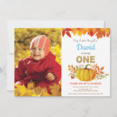 Boy Pumpkin Fall First Birthday Gold Glitzer Einladung (Vorderseite)