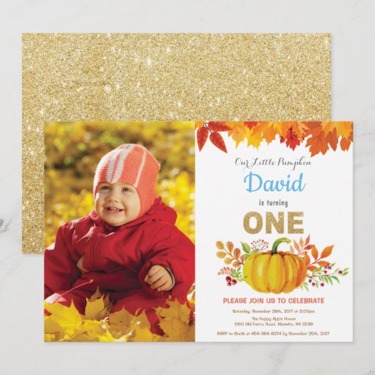 Boy Pumpkin Fall First Birthday Gold Glitzer Einladung (Vorne/Hinten)
