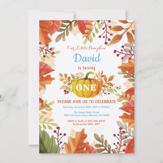 Boy Pumpkin Fall Geburtstag Einladung (Vorderseite)