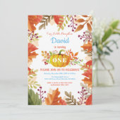 Boy Pumpkin Fall Geburtstag Einladung (Stehend Vorderseite)