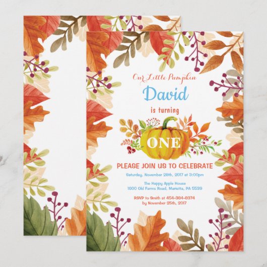 Boy Pumpkin Fall Geburtstag Einladung (Vorne/Hinten)