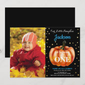 Boy Pumpkin Fall Geburtstag Einladung Gold (Vorne/Hinten)