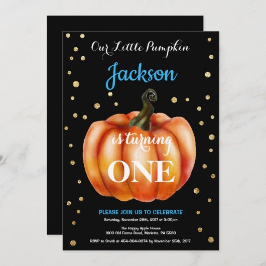 Boy Pumpkin Fall Geburtstag Einladung Gold (Vorne/Hinten)