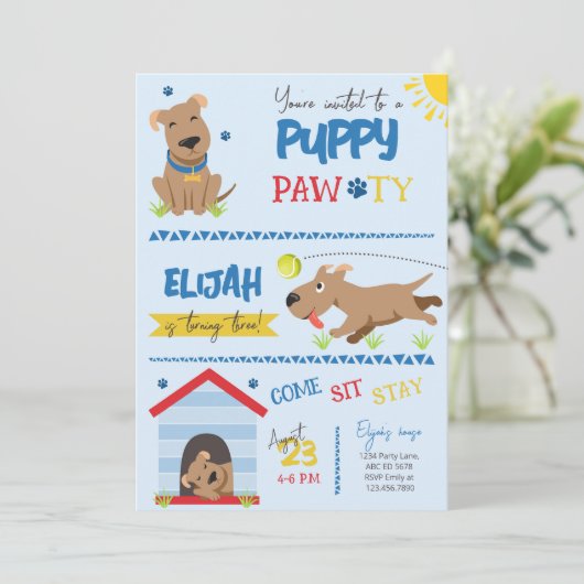 Boy Puppy Birthday Pawty Einladung (Stehend Vorderseite)