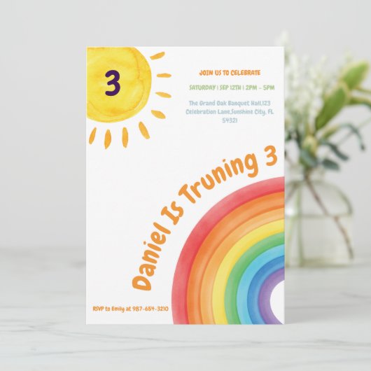 Boy Rainbow 3rd Birthday, Boy Birthday Party Einladung (Stehend Vorderseite)