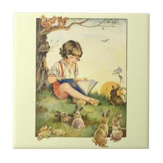 Boy reading under tree with rabbits fliese (Vorderseite)
