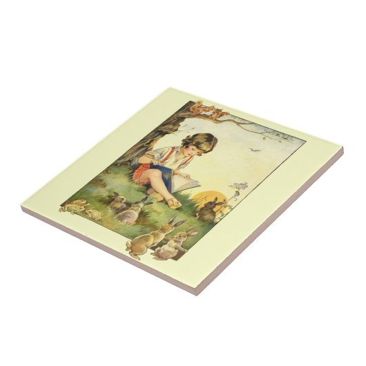 Boy reading under tree with rabbits fliese (Seite)