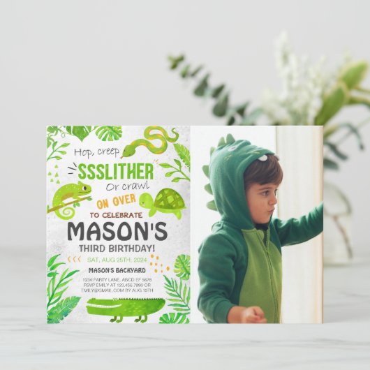 Boy Reptile Tiere Geburtstag Foto Einladung (Stehend Vorderseite)