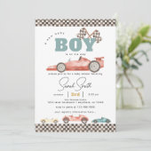 Boy Retro Race Car Baby Dusche Einladung (Stehend Vorderseite)
