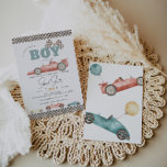 Boy Retro Race Car Baby Dusche Einladung<br><div class="desc">Niedliche Vintage Rennwagen Baby Dusche Einladung für jeden kleinen Jungen.</div>