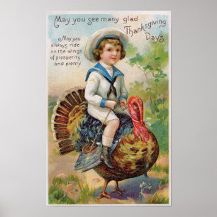 Boy Riding Turkey Vintag Art Poster