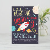 Boy Rocket Ship Weltraum Geburtstag Einladung (Stehend Vorderseite)