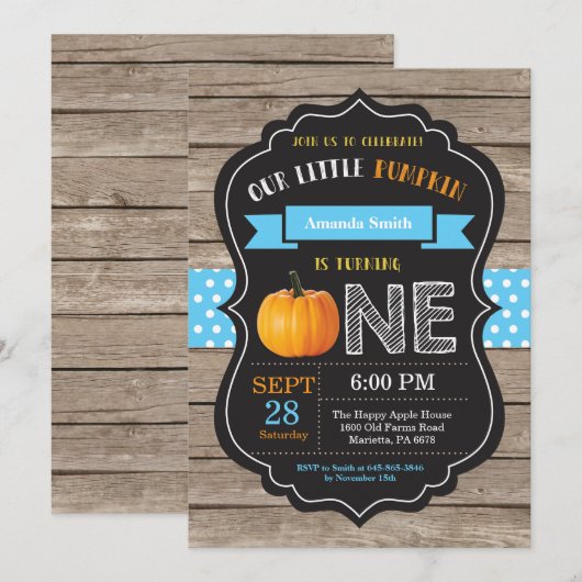 Boy Rustic Pumpkin Erster Geburtstag Einladung (Vorne/Hinten)
