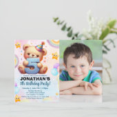 Boy’s Photo Teddy Bear Birthday 5 Einladung (Stehend Vorderseite)