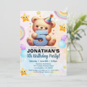 Boy’s Teddy Bear Birthday 5th Party  Einladung (Stehend Vorderseite)