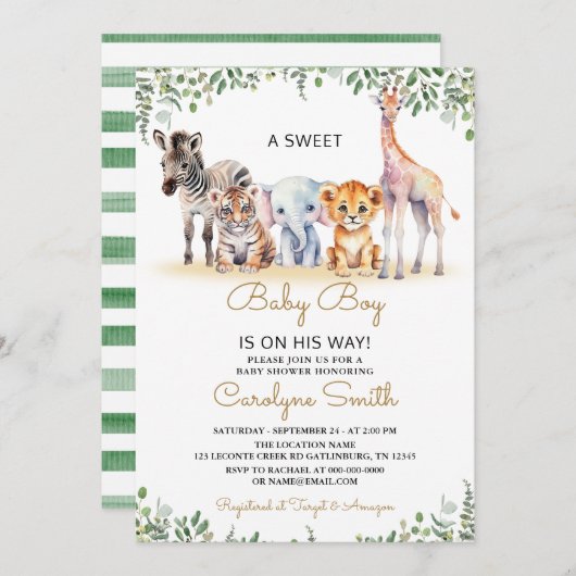 Boy Safari Animals Grüne Jungle Baby Dusche Einladung (Vorne/Hinten)